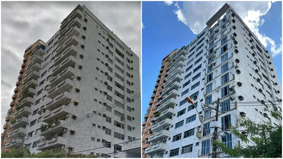 Imagem de Edifício em Belém antes e depois de desabamento de sacadas -fonte - Web
