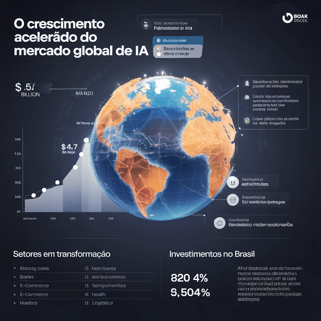 ## O Crescimento Acelerado do Mercado Global de IA Mercado de agentes de IA deve crescer de US$ 5,1 bilhões para US$ 47,1 bilhões até 2030. ## Setores em Transformação Bancos, comércio eletrônico, saúde e logística lideram adoção de tecnologias inteligentes. ## Investimentos no Brasil Setor público e privado destinam R$ 23 bilhões para desenvolvimento da IA nacional até 2027.