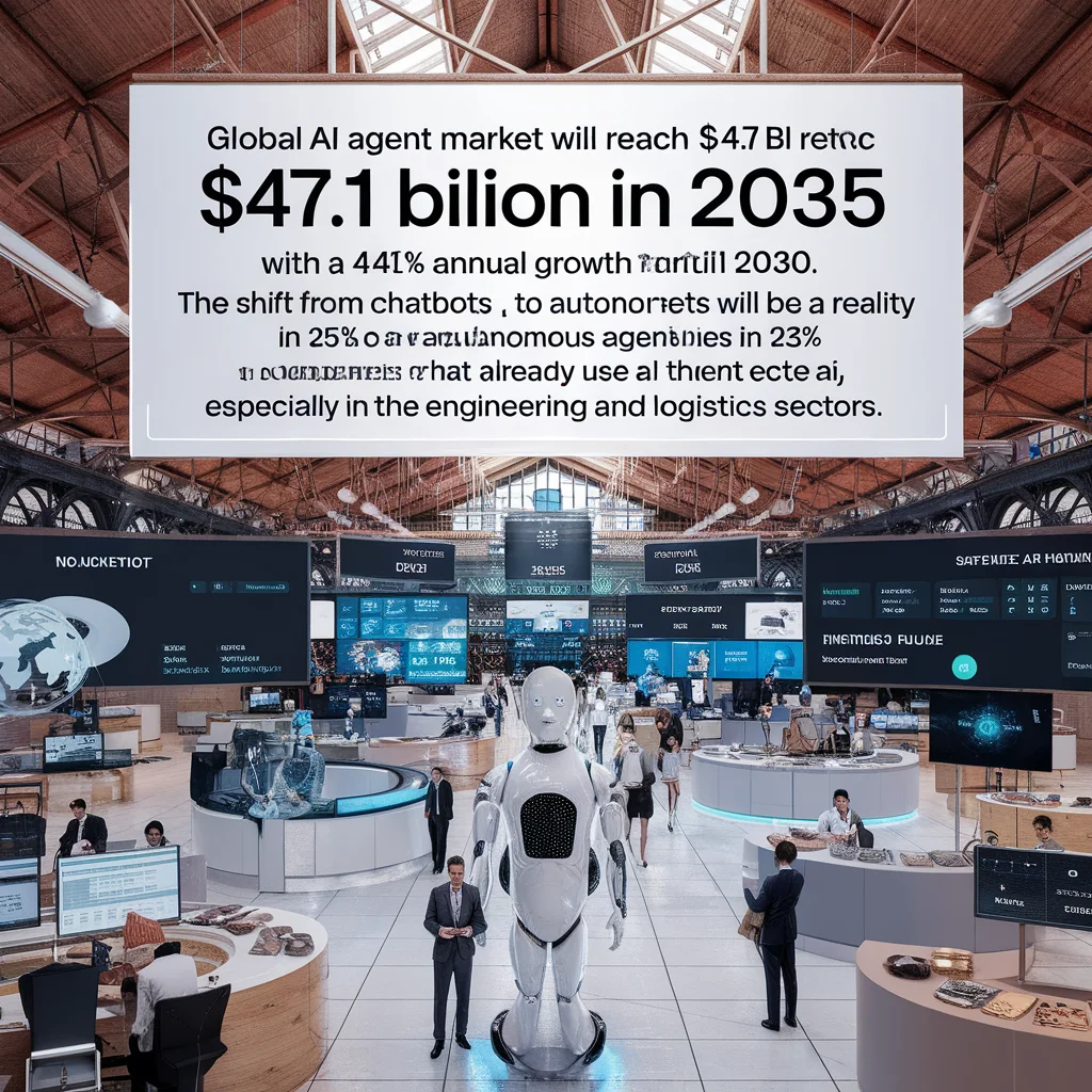 Mercado global de agentes de IA alcançará US$ 47,1 bilhões em 2025, com crescimento anual de 44,8% até 2030. A mudança de chatbots para agentes autônomos será realidade em 25% das empresas que já usam IA, especialmente nos setores de engenharia e logística.
