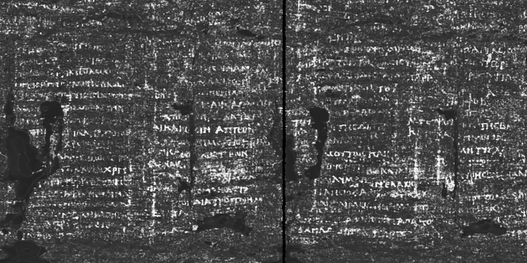 Inteligência artificial revela texto de filósofo em papiro soterrado pelo Vesúvio há 2 mil anos
