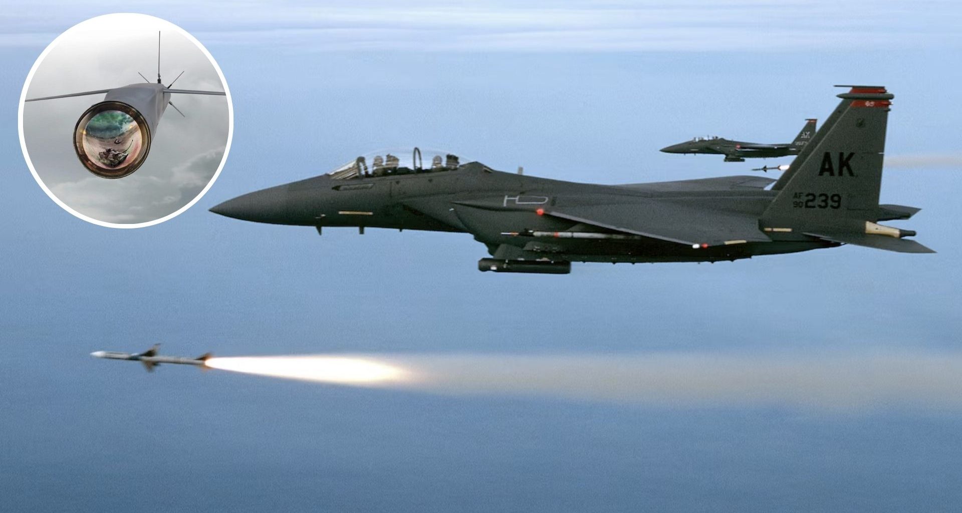 Bomba lançada por caça americano é controlada por outro avião durante o voo