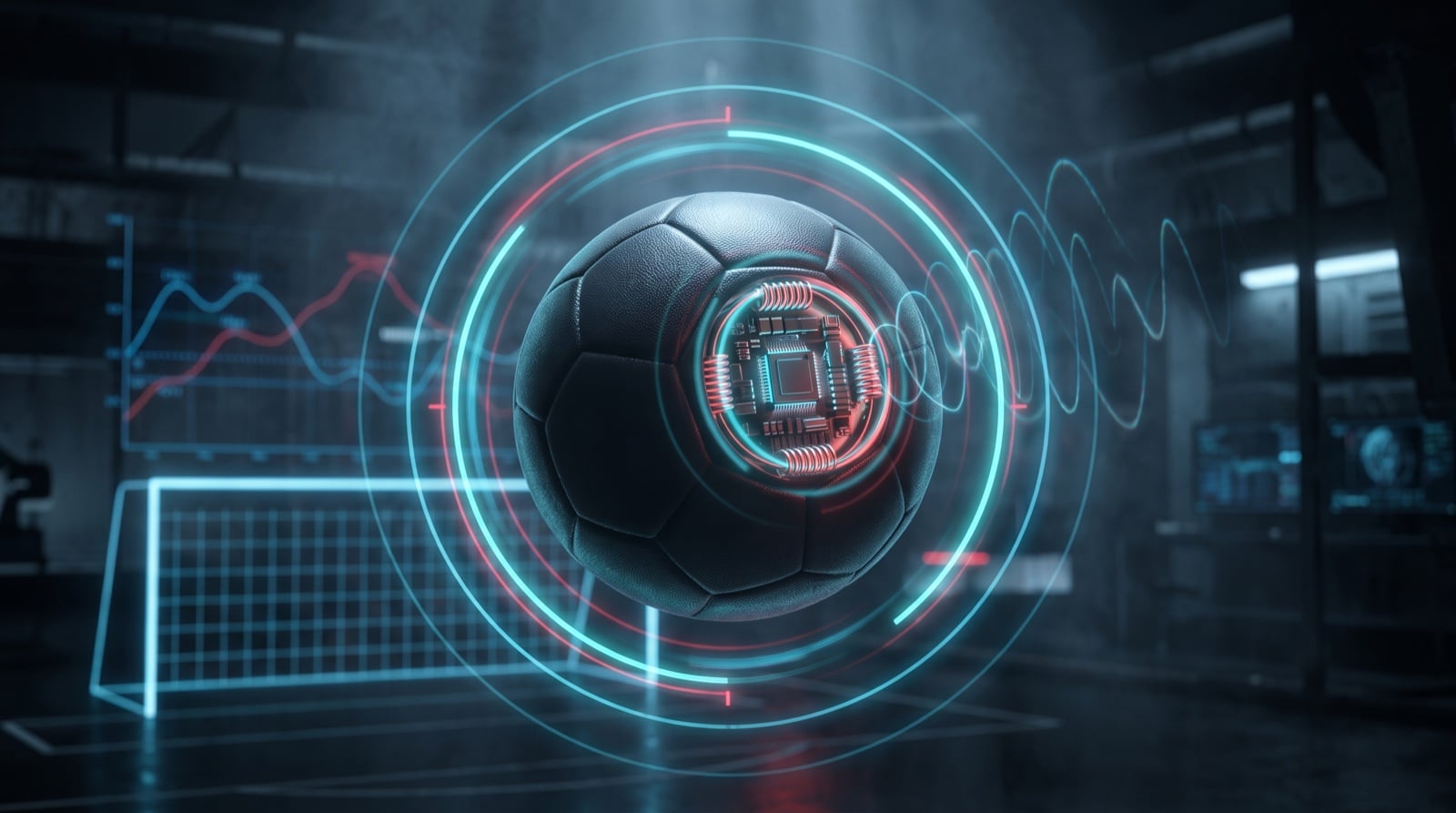 Simulação eletromagnética de uma bola inteligente: eletrônica embarcada no centro com anéis de campo e ondas de radiofrequência