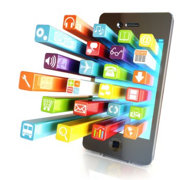 Imagem gráfica de celular com ícones saltando da tela, indicando diferentes aplicativos