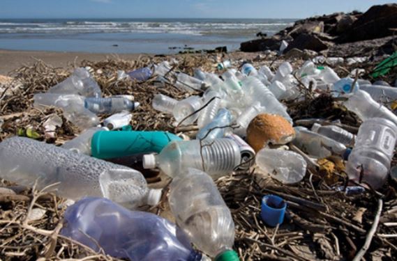 imagem de embalagens plásticas e lixo na praia - garrafas ecológicas