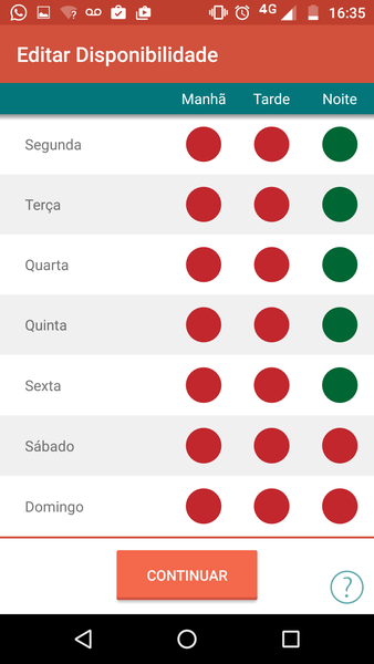 Imagem de tela do aplicativo na seção de edição de disponibilidade